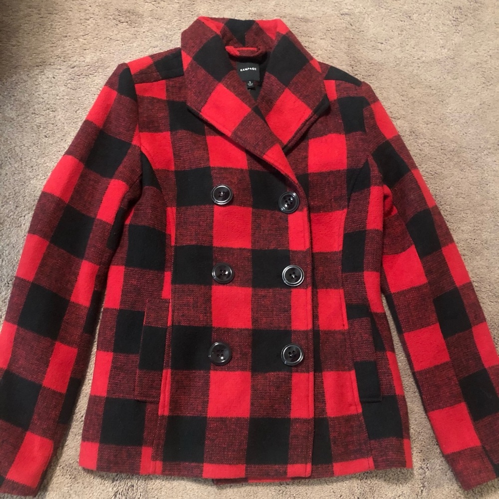 Rampage Plaid Pea Coat Black and Red